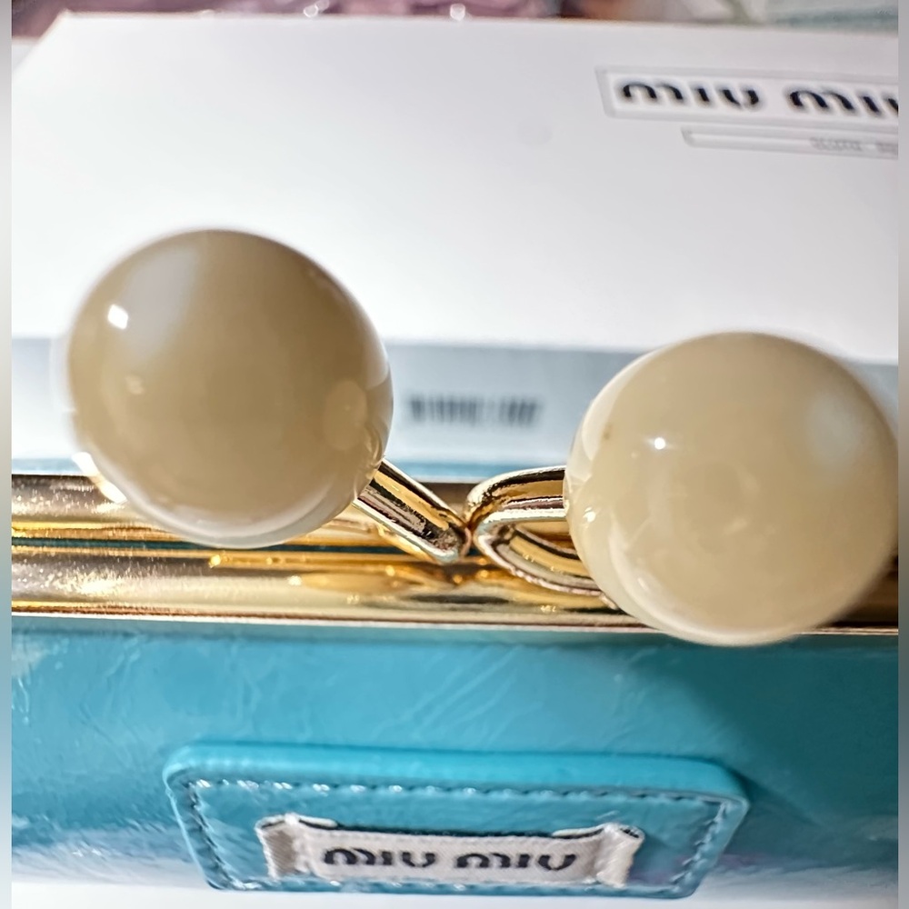 Miu Miu Sky Blue or Turquoise Patent Faux Leather Clutch with Gold Chain GWP NWB - Picture 10 of 15